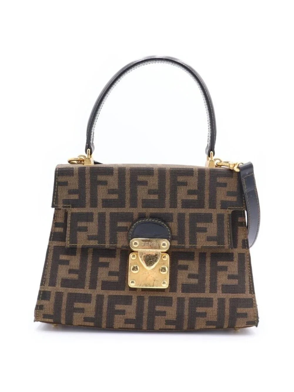 Fendi Zucca 2-Way Shoulder Bag Brown Leather Gold
